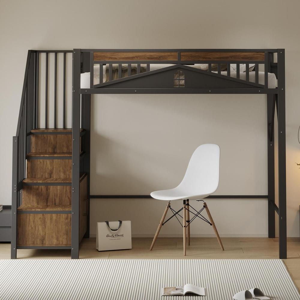 Cama loft 90x200cm negra con escalera, armario y barrera de seguridad