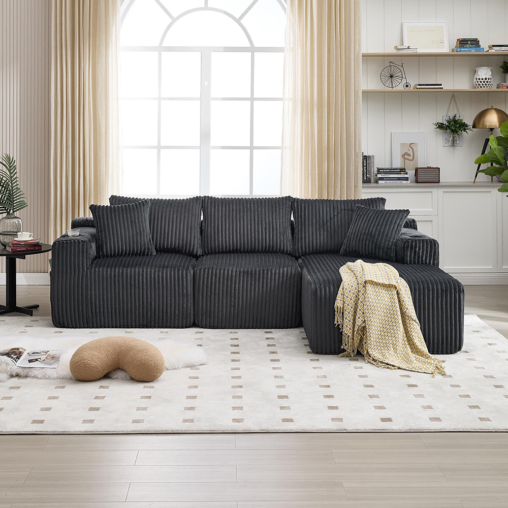 Sofá,komhtom,chaiselongue, 2 plazas, tejido cord y 5 cojines,gris