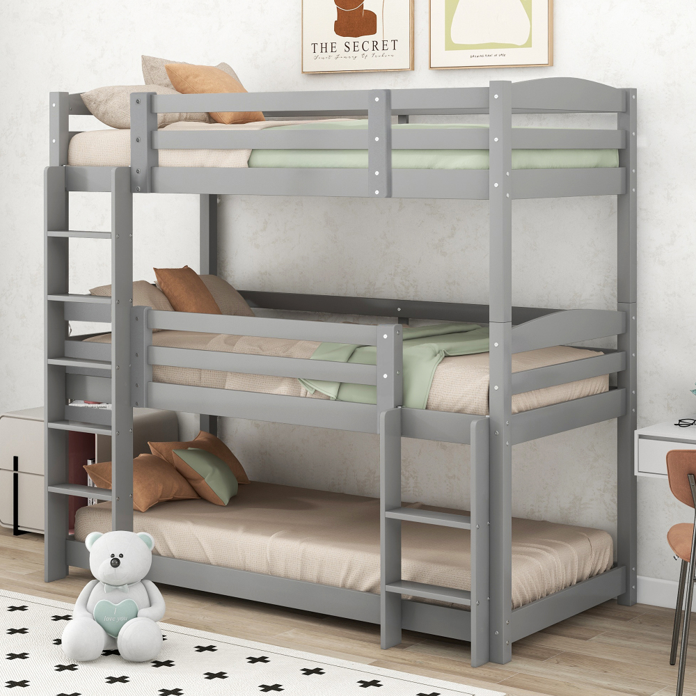 Litera triple 90x200cm con 2 escaleras madera de pino y mdf – gris