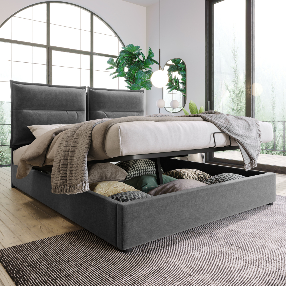 Cama tapizada 140x200cm con canapé y cabecero ajustable terciopelo gris