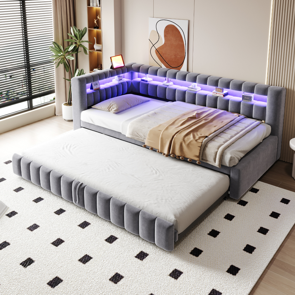 Cama nido 90x200cm con LED, usb y estantes terciopelo – gris oscuro