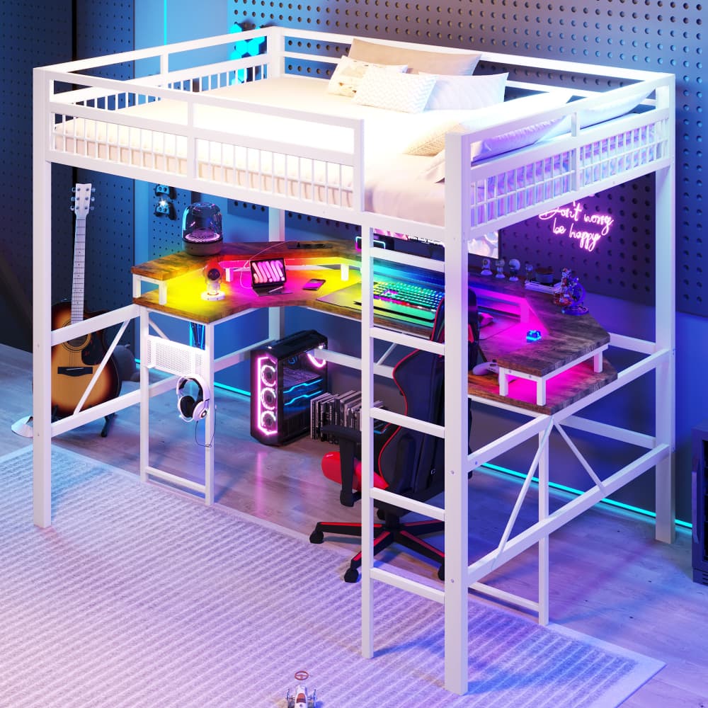 Cama alta 140x200 cm con escritorio, LED y carga metal – color blanco