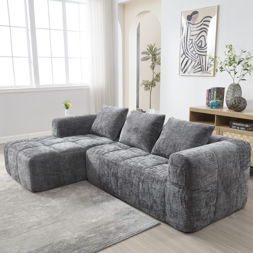 Sofá en l modular chenilla gris 3 plazas con chaise longue y bolsillos