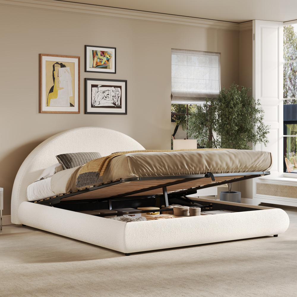Cama tapizada 180x200cm con canapé y cabecero bouclé – color blanco