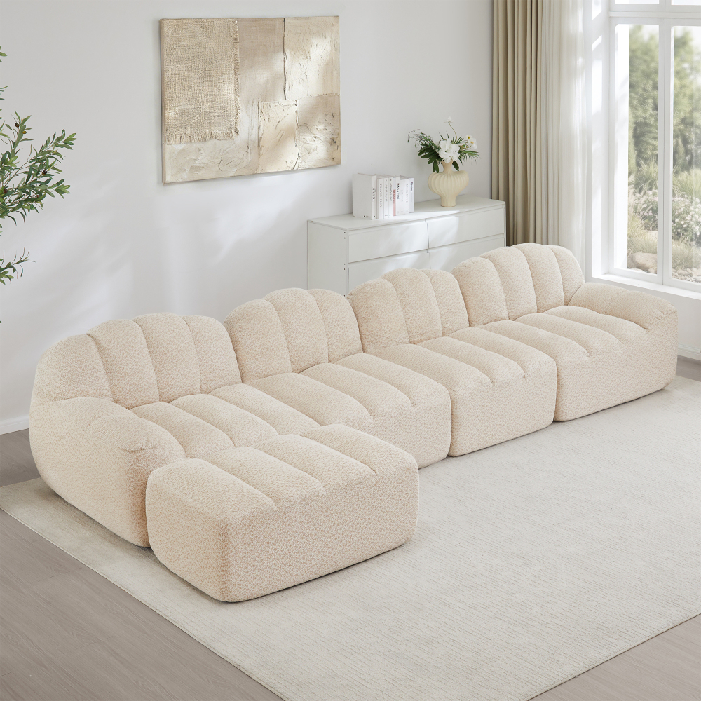 Sofá modular en l 4 plazas otomana granulado beige blanco