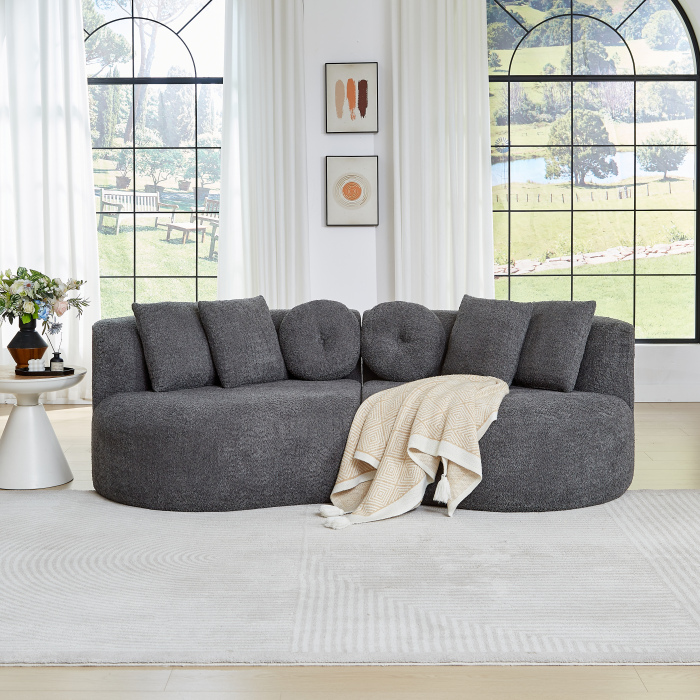 Sofá modular curvo chenilla gris 2 piezas sin brazos con 6 cojines