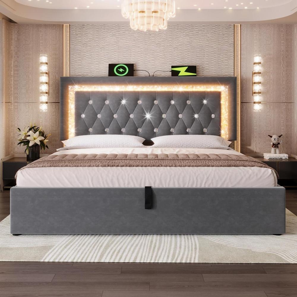 Cama doble 180x200cm con almacenaje hidraulico LED gris