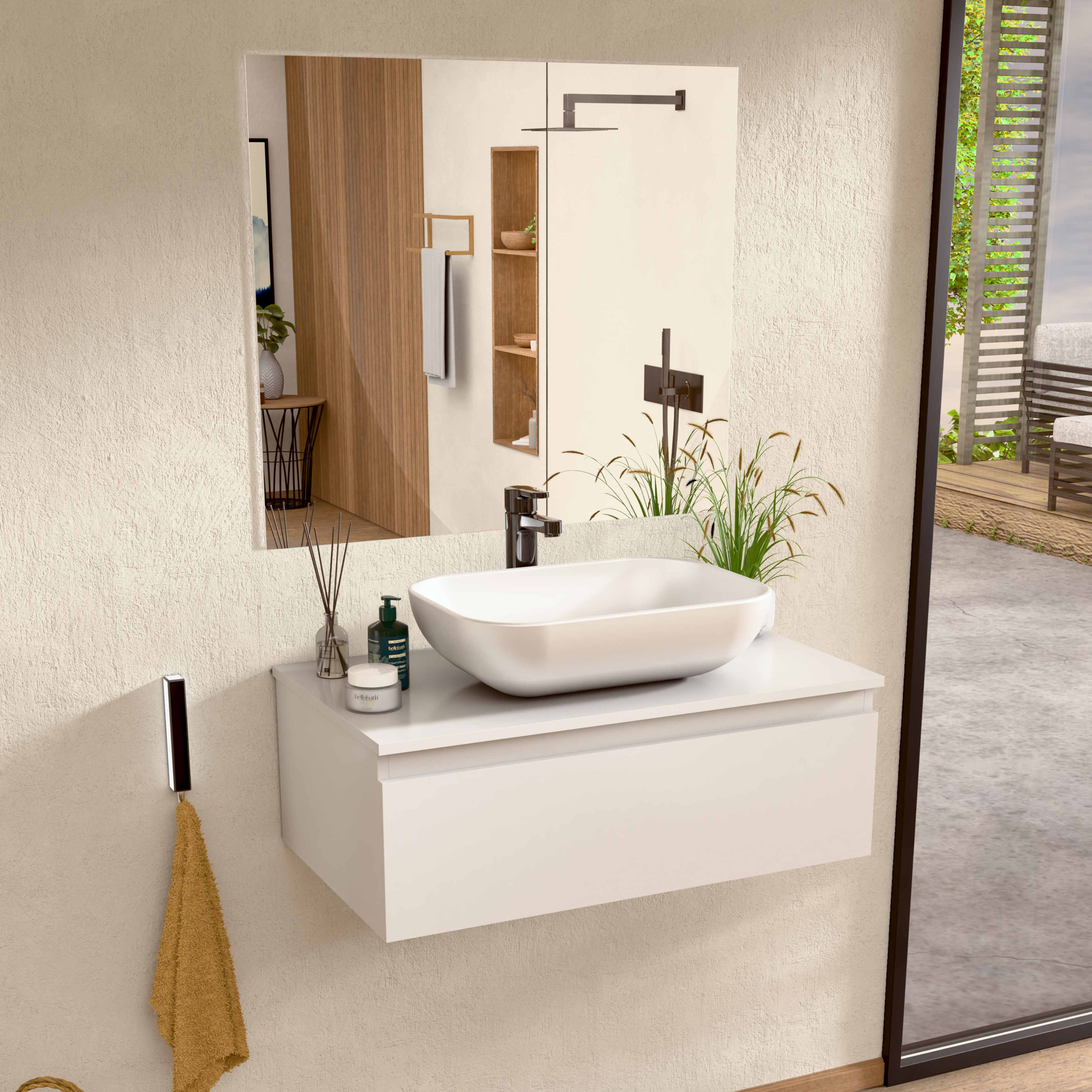Mueble baño suspendido 60 cm blanco, lavabo y espejo bellobath