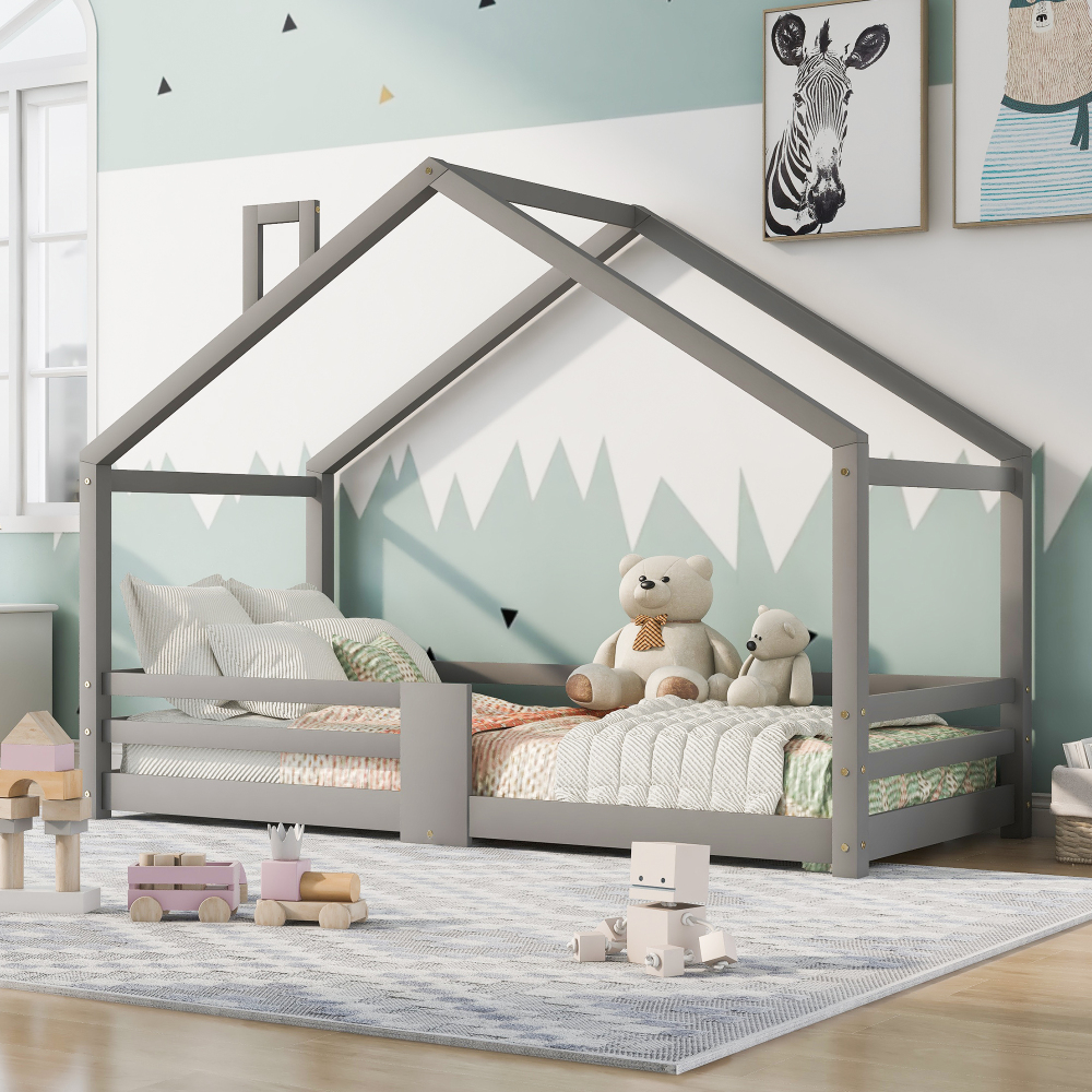 Cama casita infantil 90x200cm con barandilla y somier pino – gris