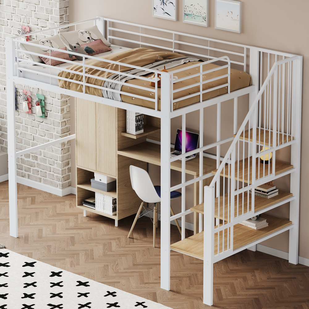 Cama alta metálica 140x200cm con escalera y espacio inferior libre – blanco