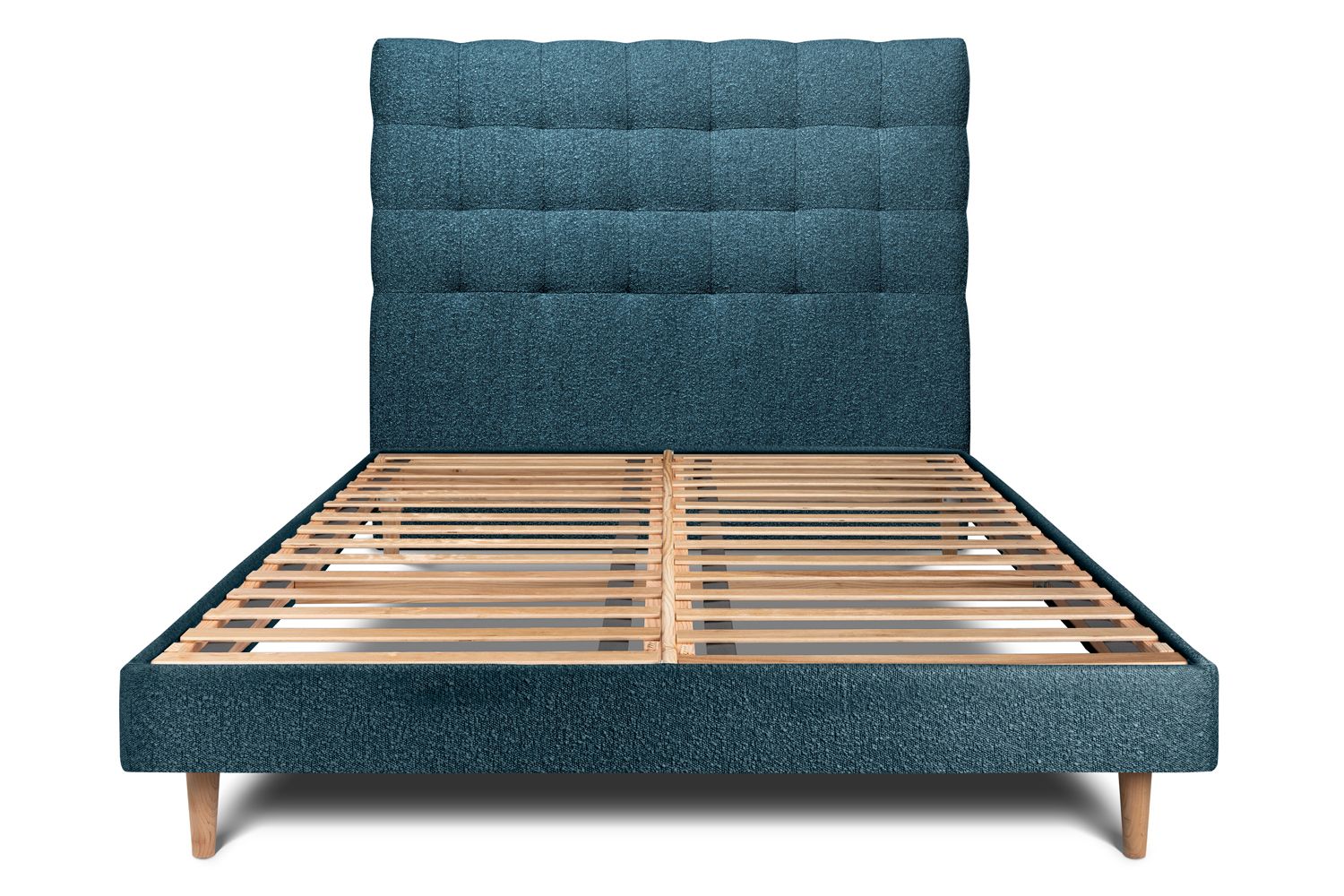 Cama de 135x190 cm con cabecero tapizado - tejido rizado - azul