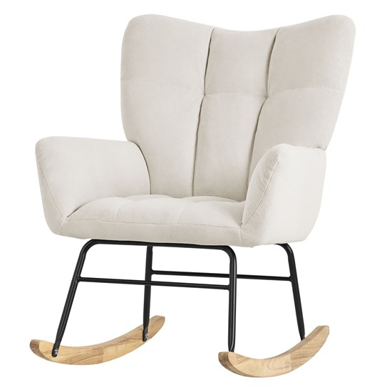 Mecedora con funda de rizo beige guias de madera ergonómico elegante
