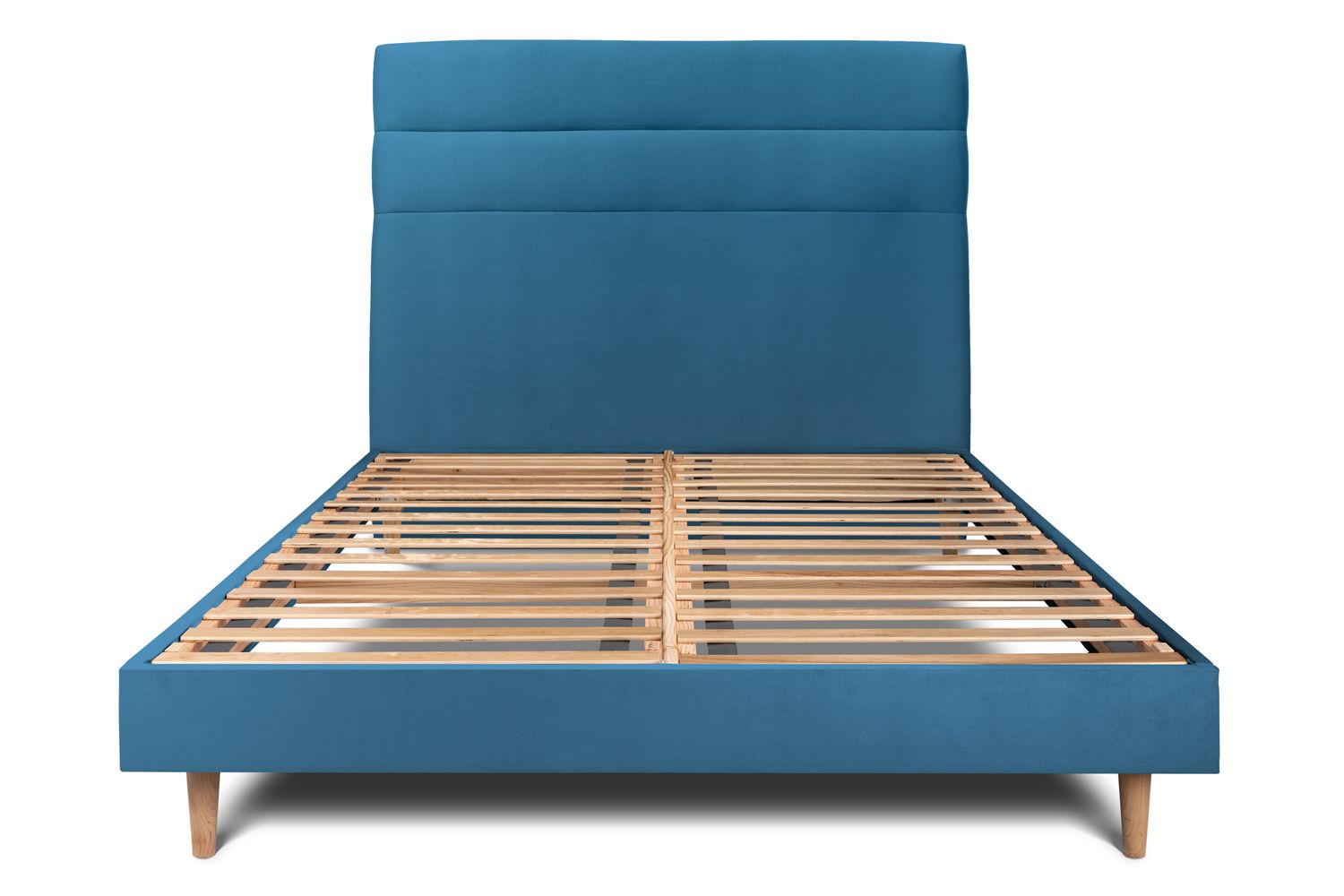 Cama de 135x190 cm con cabecero de línea - tejido de terciopelo - azul océa