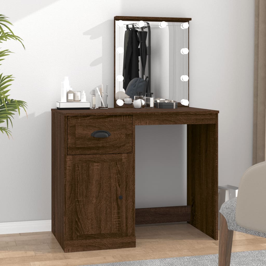 Tocador con LED madera contrachapada marrón roble 90x50x132,5cm es5473