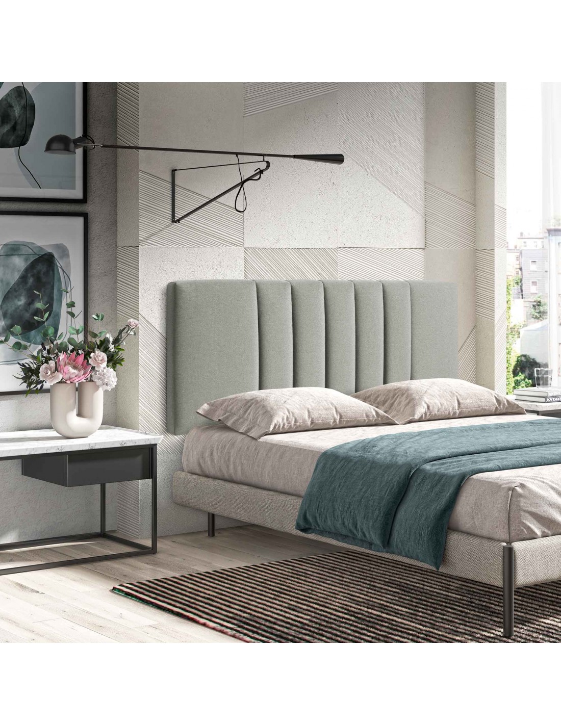 Momma home cabecero luna 150 cm tela suave gris y patas de madera natural
