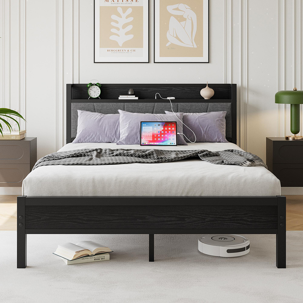 Estructura de cama,140x200cm,LED+usb,negro