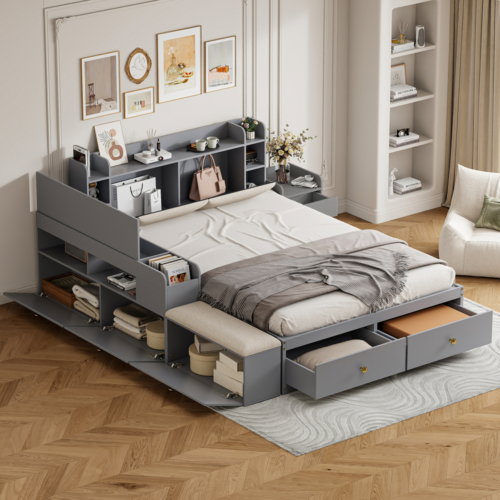Cama multifuncional 140x200cm con cajones y almacenaje madera – color gris