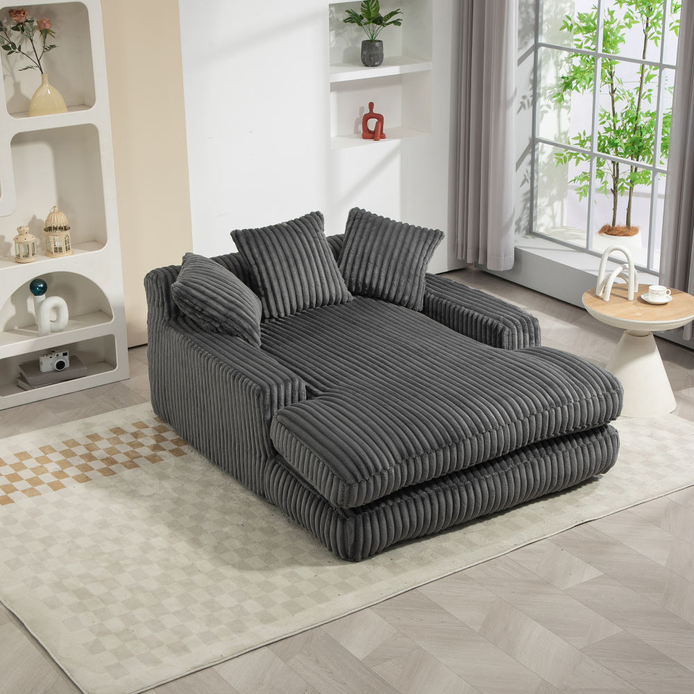Sofá chaise longue pana gris oscuro con 3 cojines para salón y oficina