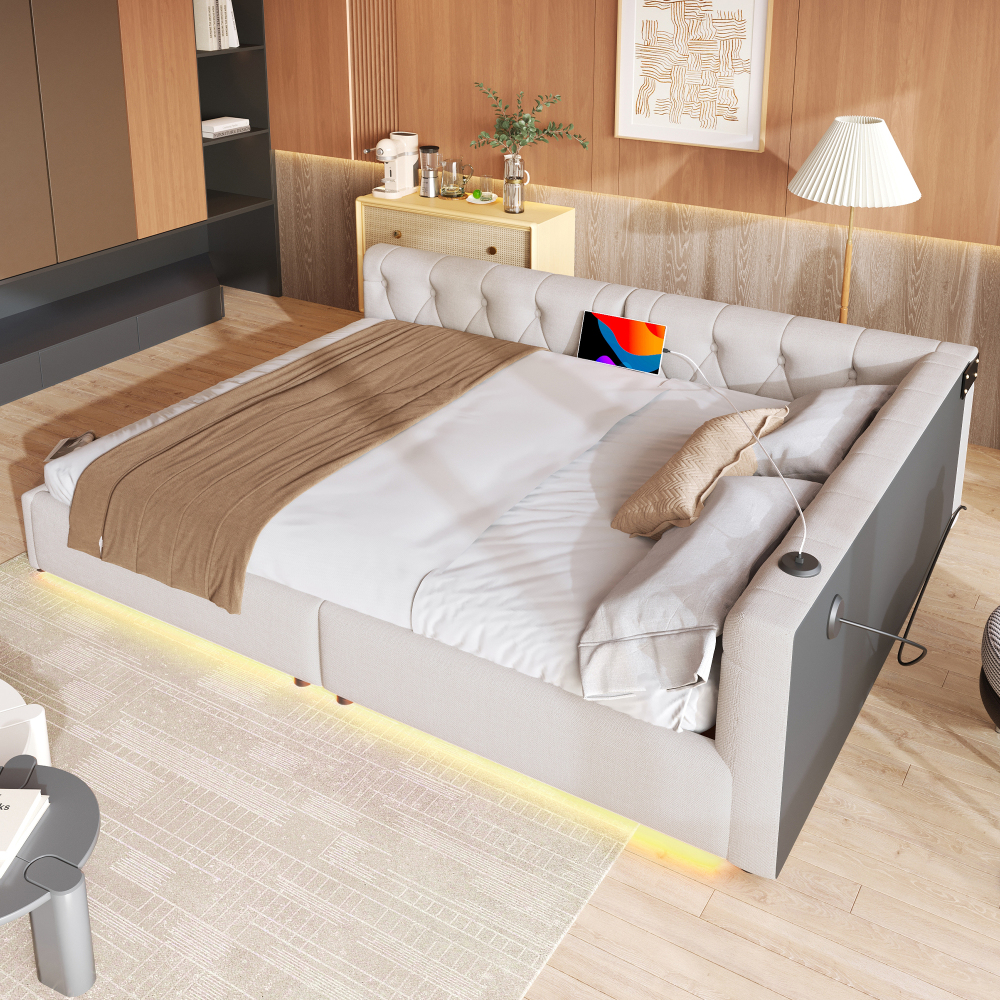 Sofá cama 140x200 cm con LED y carga usb lino – color beige