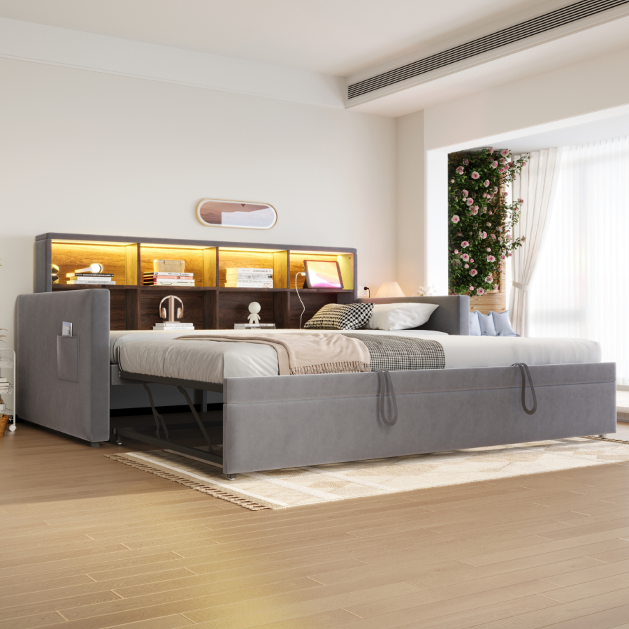 Cama nido 90x190cm con LED y almacenaje terciopelo – gris