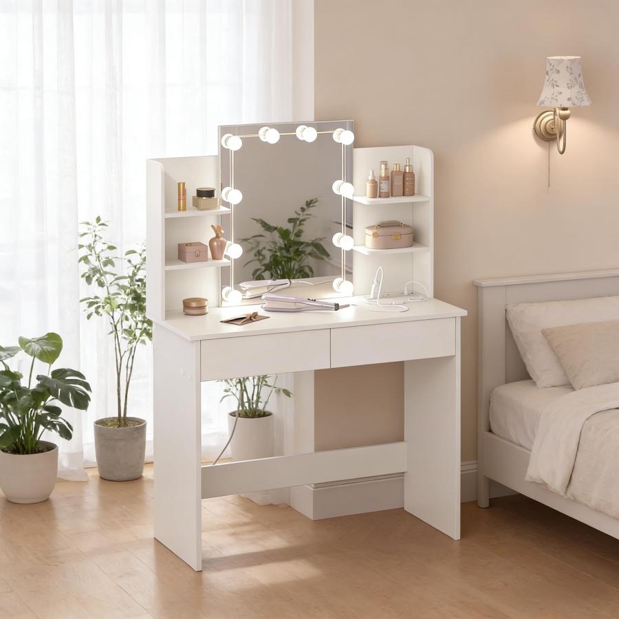 Mesa de tocador con espejo luz y 2 cajones blanco 135x90x40cm