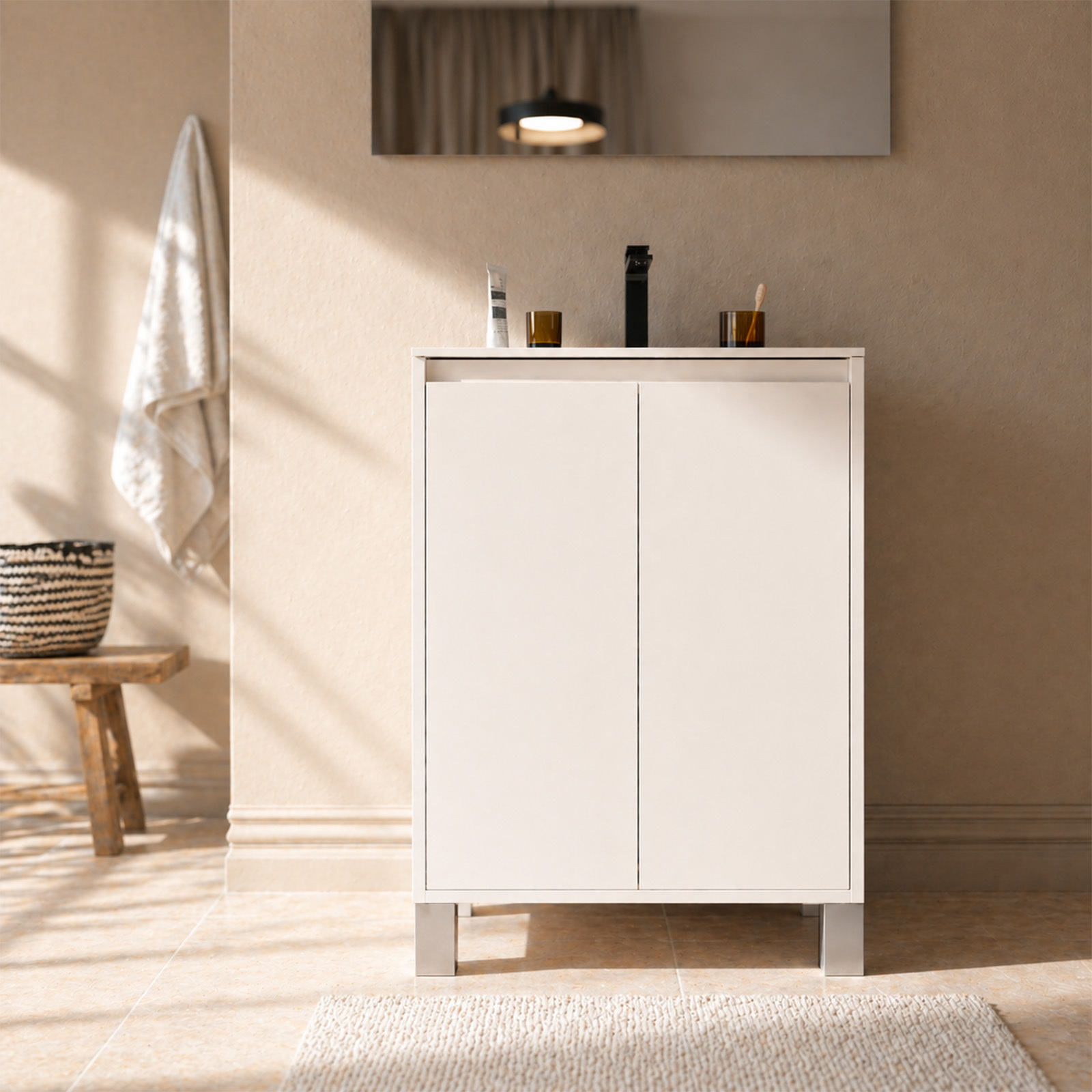 Pack mueble de baño 50cm blanco lacado 2 puertas con lavabo de cerámica