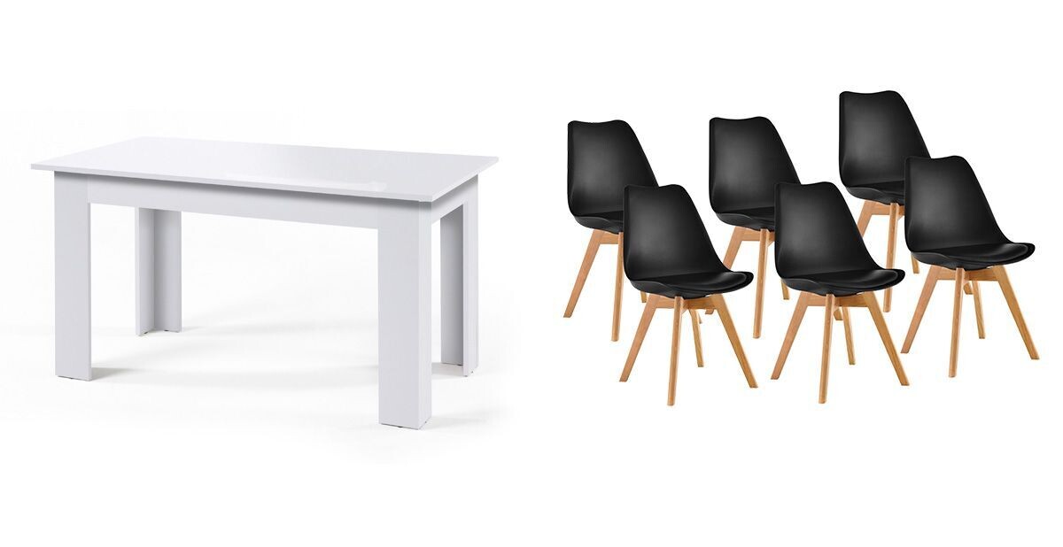 Pack mesa fija de comedor o cocina blanco + 6 sillas nordic negro