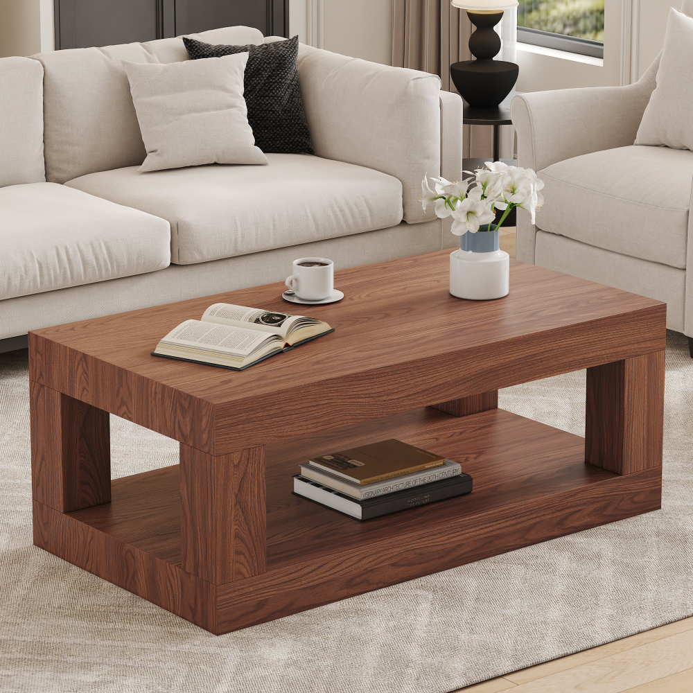 Mesa de centro rectangular con estante abierto madera nogal
