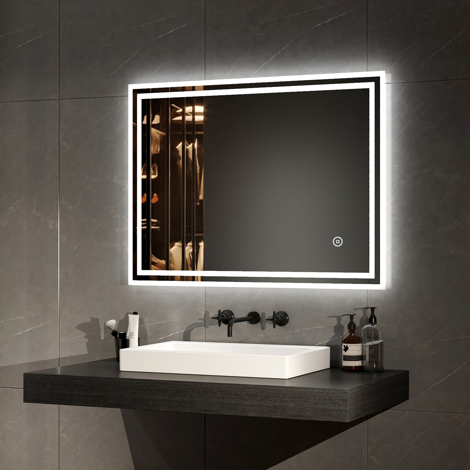 Emke espejo de baño LED con luz 80x60cm | interruptor táctil, antivaho