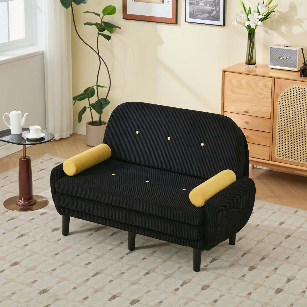 Sofá cama modular 2 plazas en pana negra con respaldo reclinable y cojines