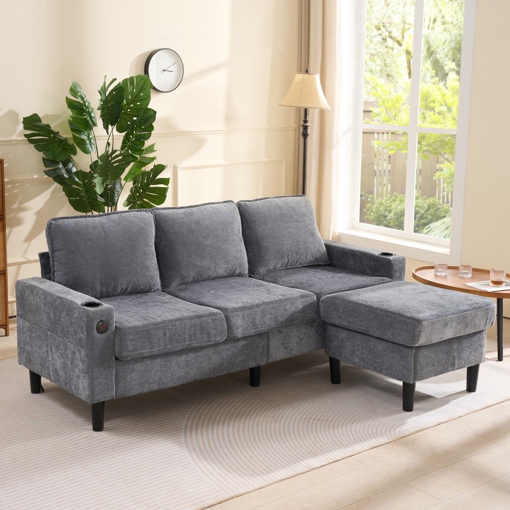 Sofa met chaise longue linnen grijs 3 plazas met usb en type c bekerhouders