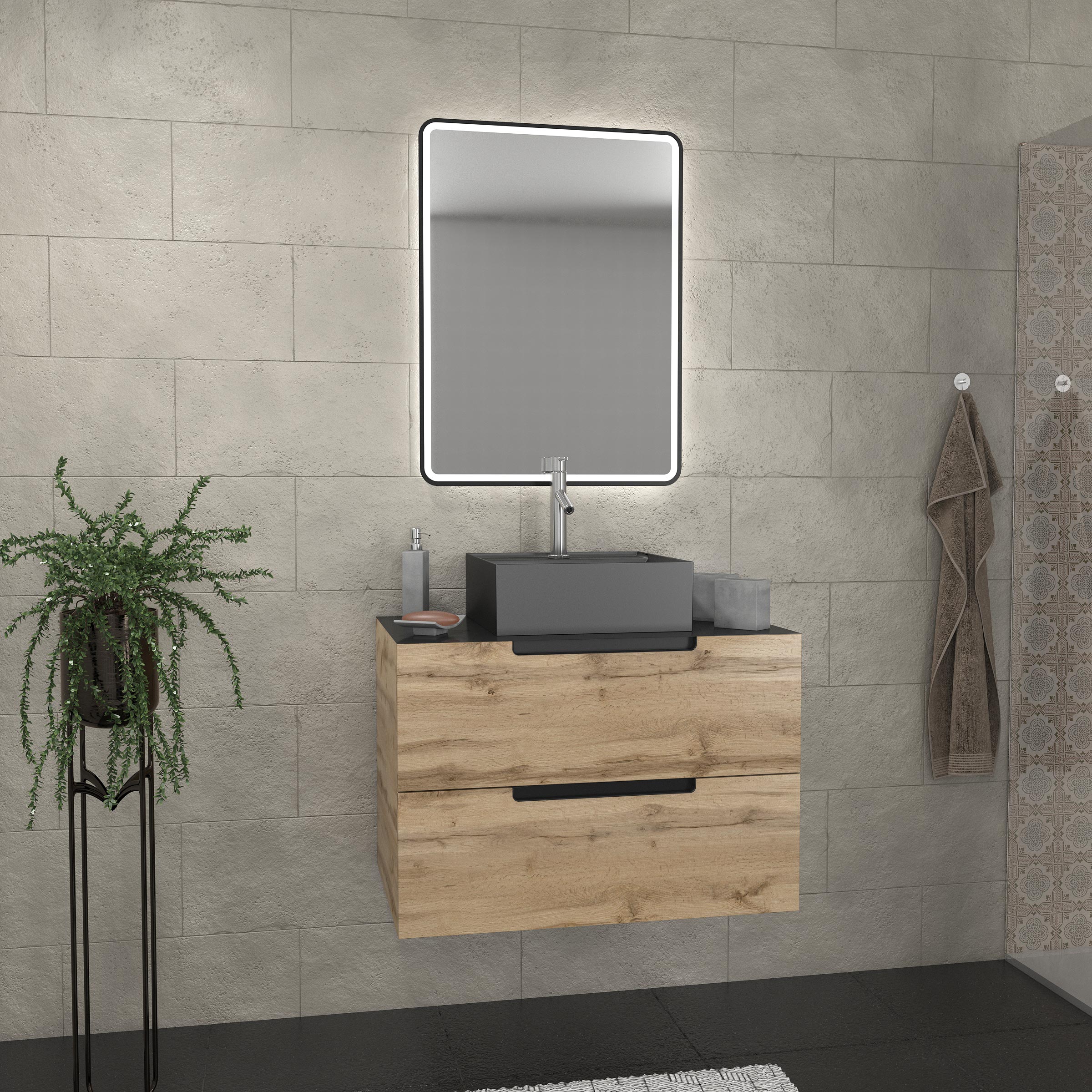 Mueble baño 80 cm roble y negro + lavabo cuadrado + espejo LED