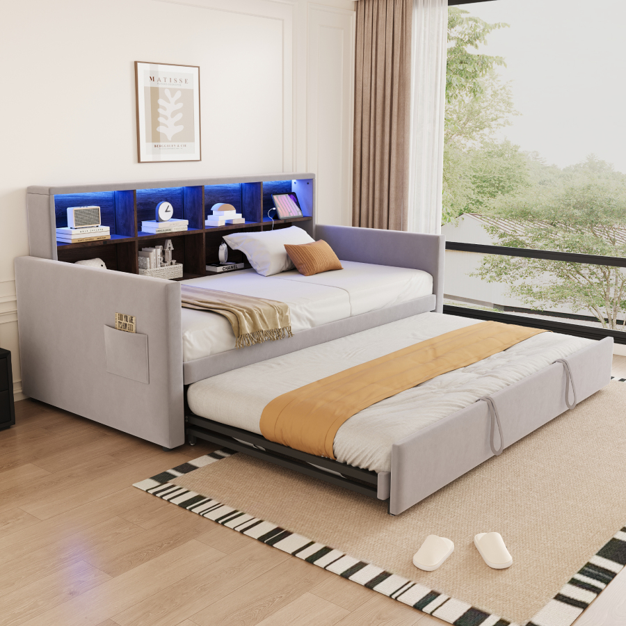 Cama nido 90x190 cm con LED, carga y almacenaje terciopelo – gris claro