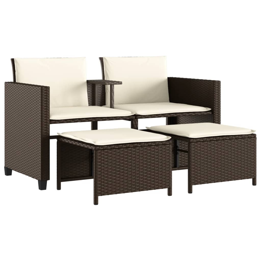 vidaXL sofá de jardín 2 plazas con mesa y taburetes ratán pe marrón