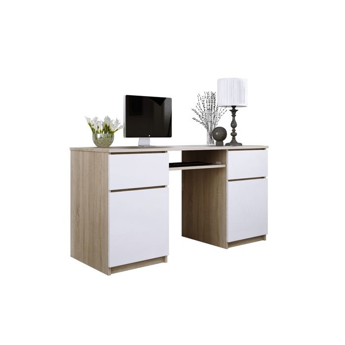 Escritorio: 2 cajones, roble sonoma / blanco mate, 135 x 77 x 50 cm