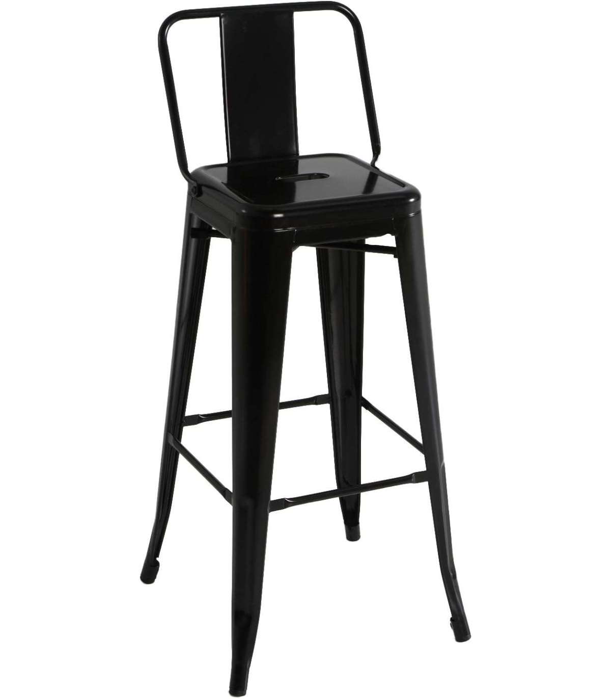 Taburete de metal con respaldo apilable y diseño industrial