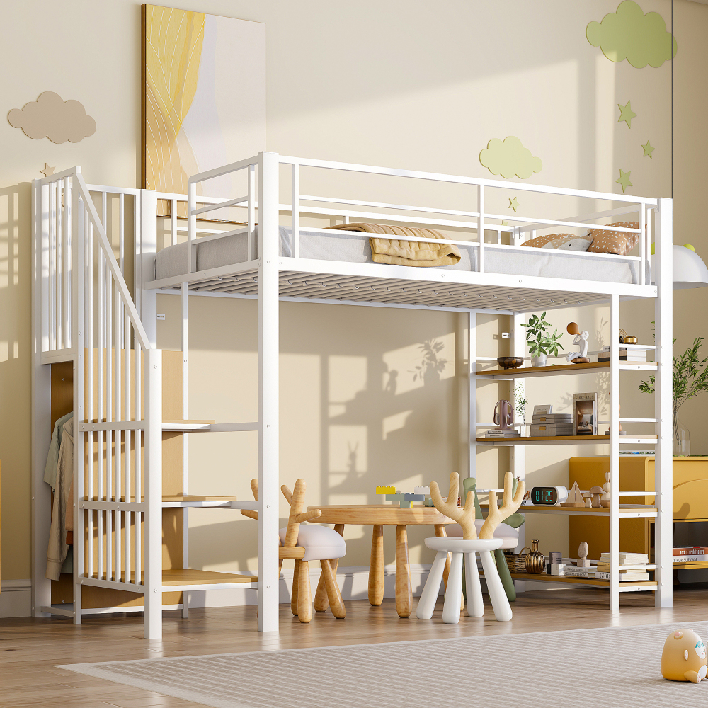 Cama alta 90x200cm con escalera con almacenaje y armario metal – blanco