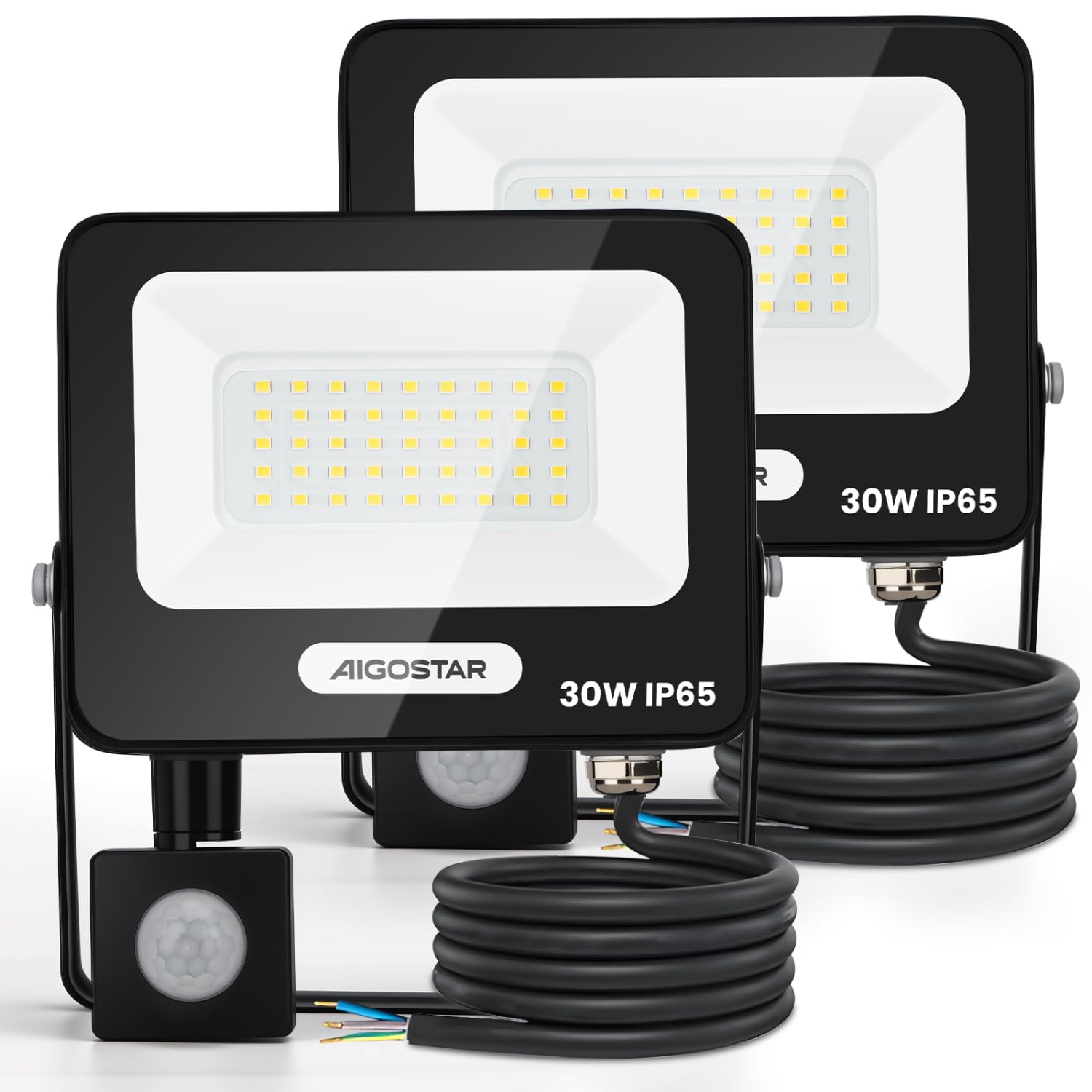Aigostar 30w foco LED exterior con sensor movimiento pir,2 piezas, 4000k