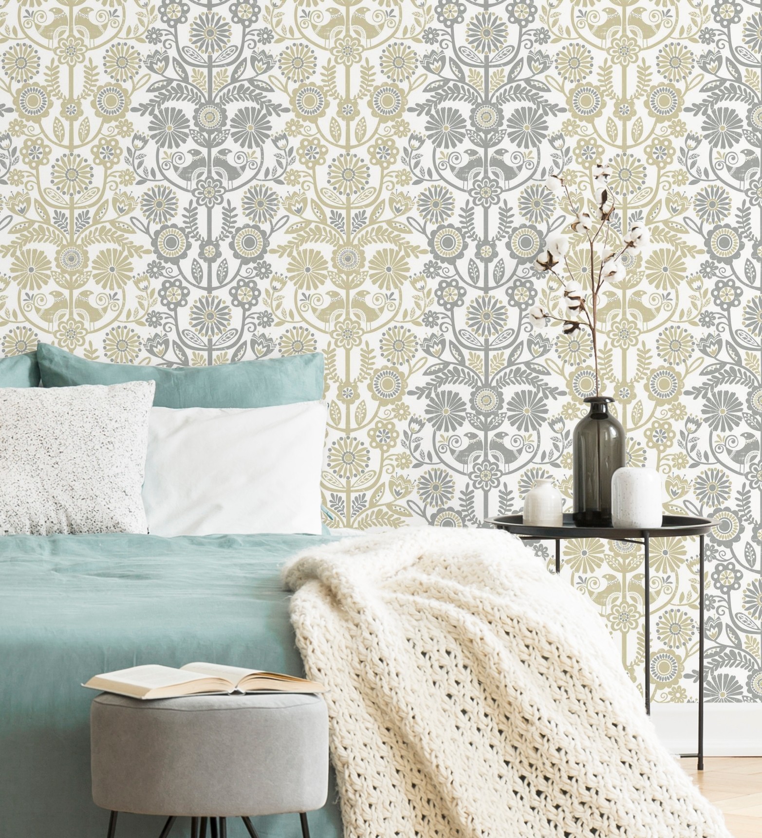 Papel pintado gaulan nórdico de flores rayas ocres y 5.23m²