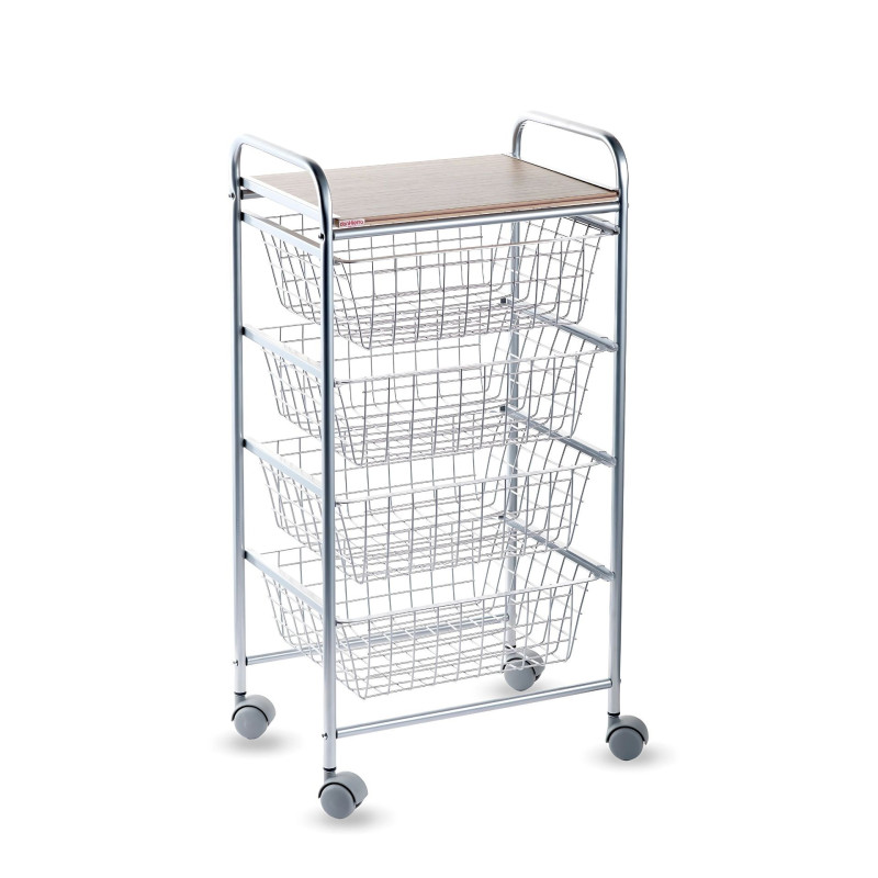 Carrito de cocina gris nora, 4 cestas y encimera abedul alistonado