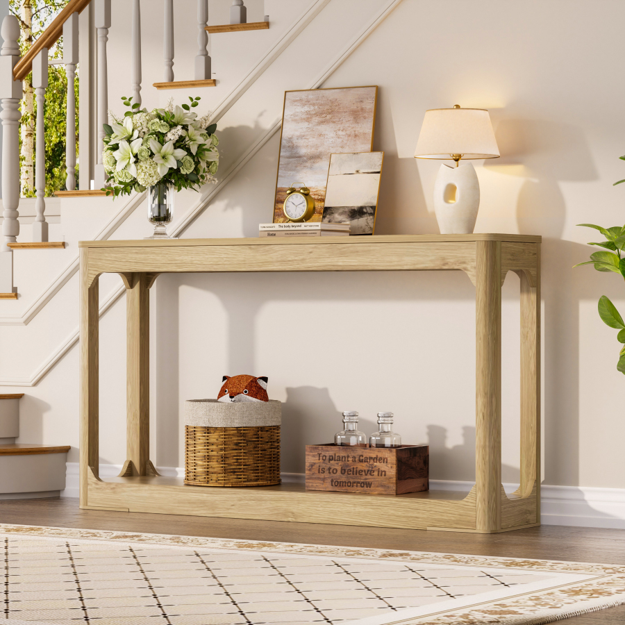 Mesa consola estrecha con estantes natural 140cm