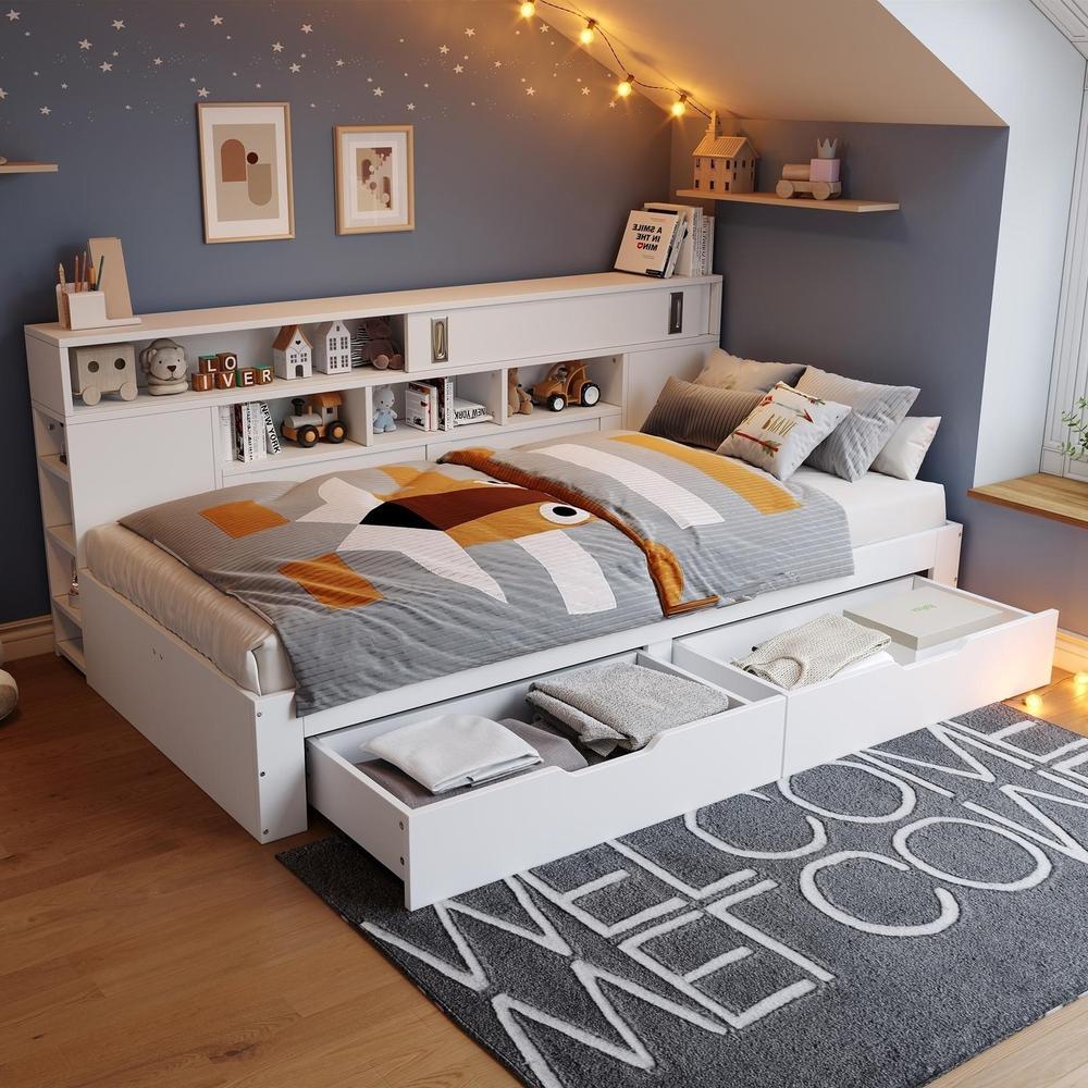 Cama infantil 140x190cm con cajones y estanterías blanco
