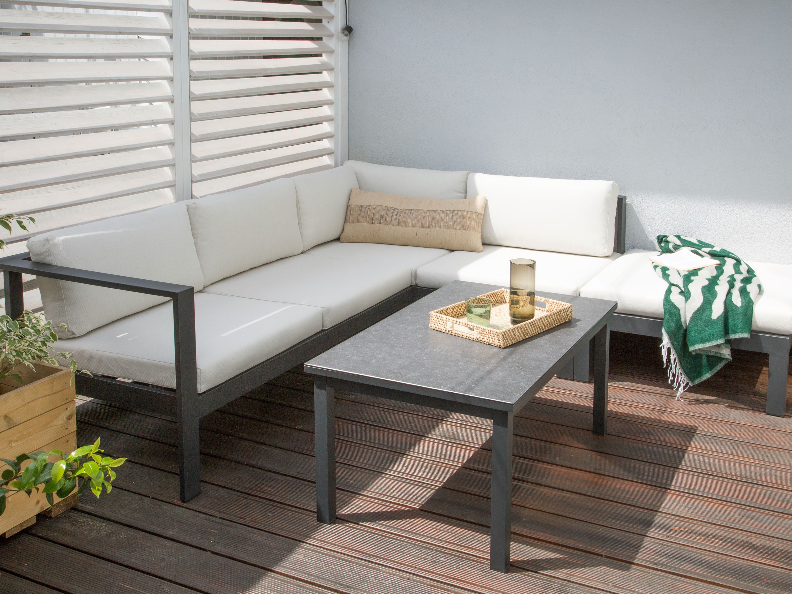 Conjunto esquinero de jardín 5 plazas messina metal blanco crema izquierda