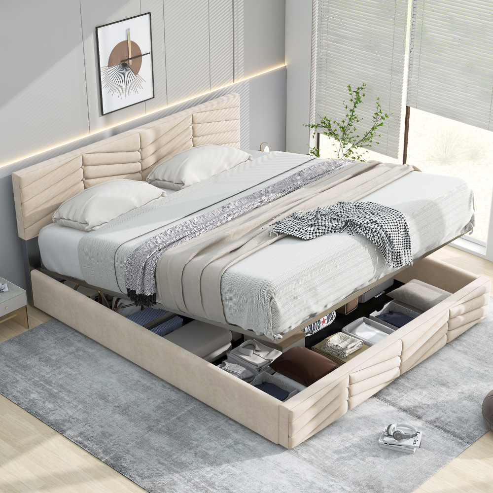 Cama tapizada 140x200cm con cabecero ajustable terciopelo – beige