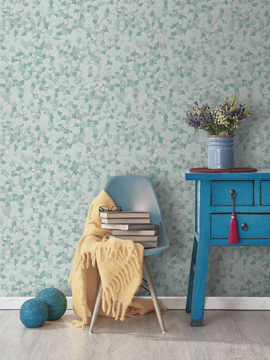 Papel pintado tnt mosaico gresite turquesa