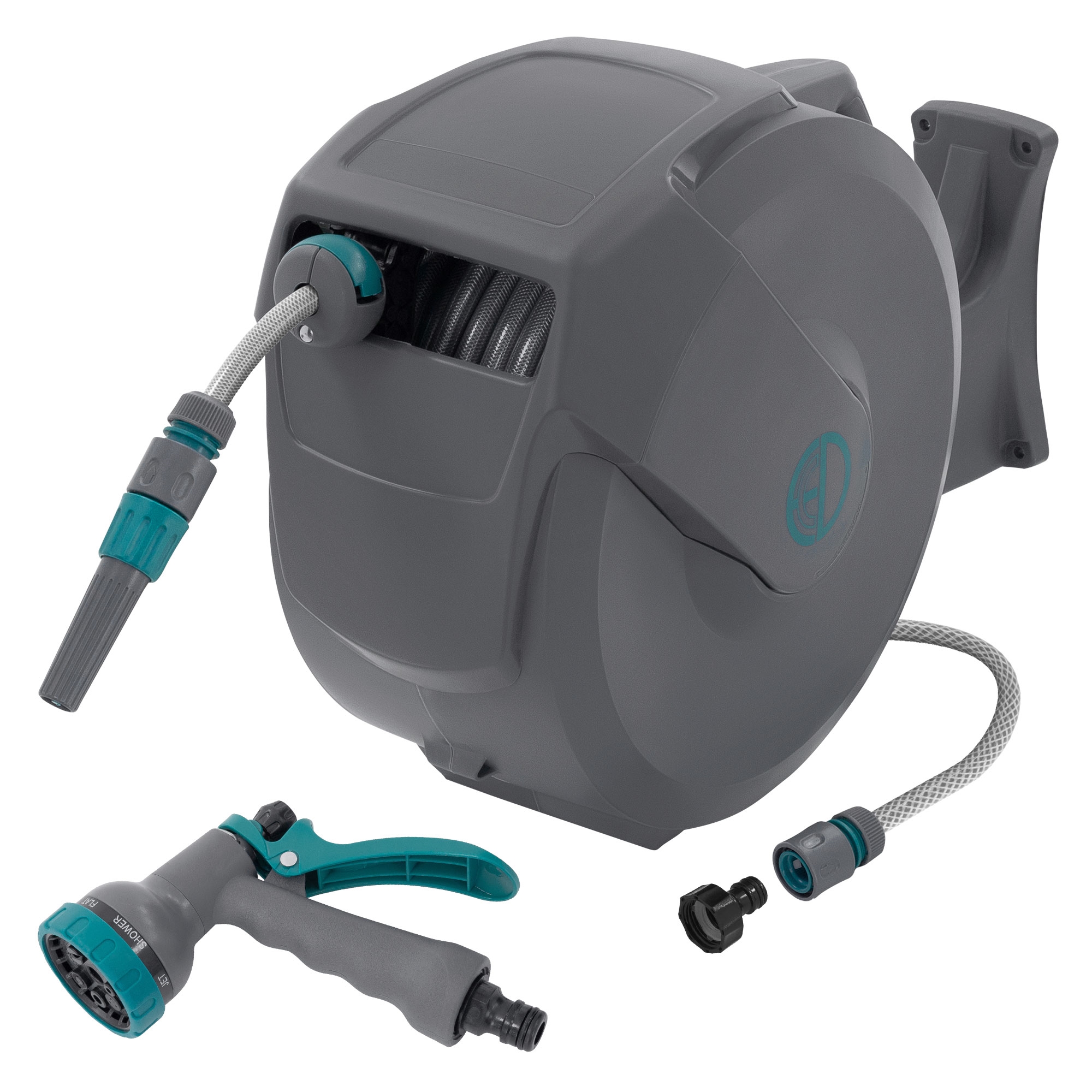 Carrete de manguera extensible 30m PVC gris con bloqueo y 9 funciones