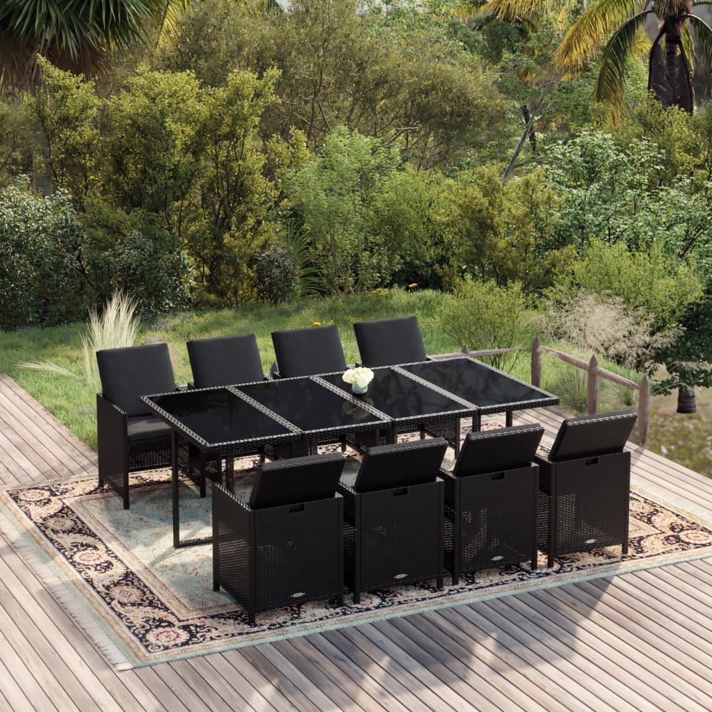vidaXL set de comedor de jardín 9 pzas y cojines ratán sintético negro