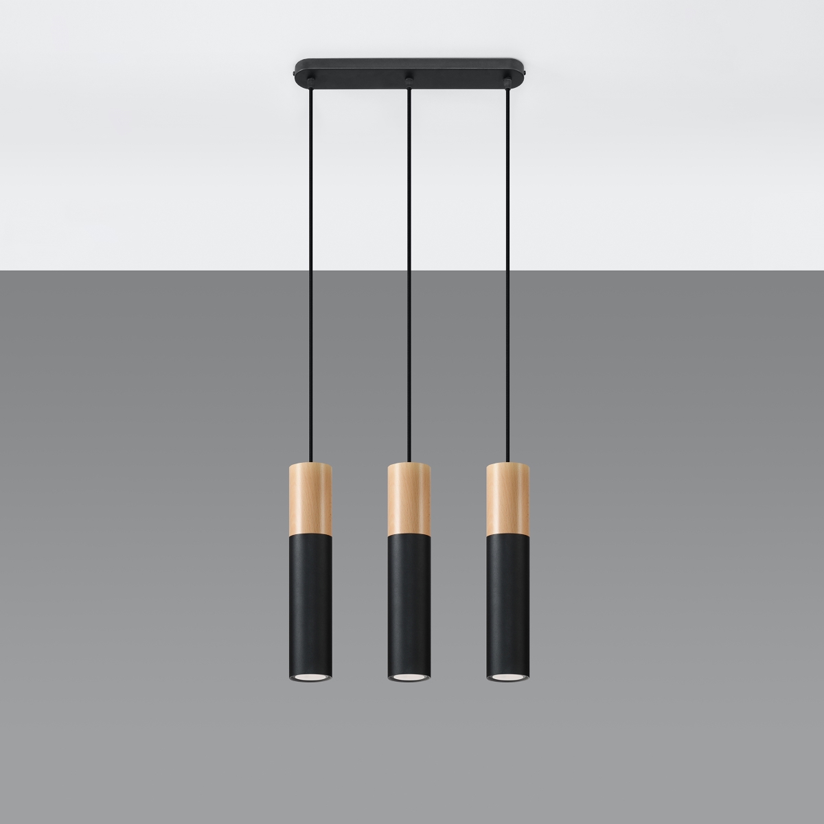 Lámpara coLGante pablo 3 madera natural/negro acero/madera 45x90x6cm