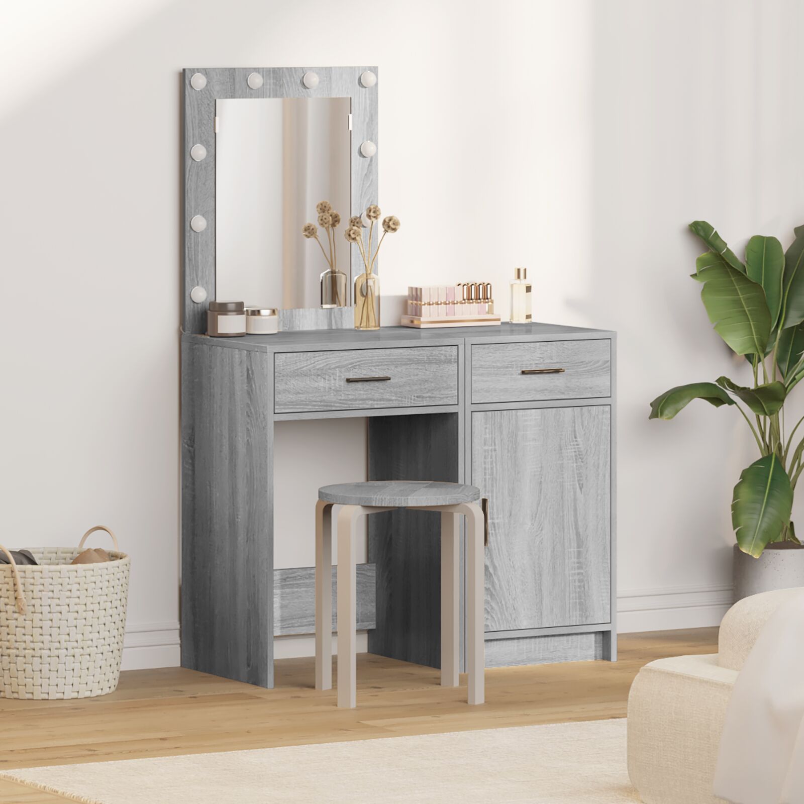 2 pz tocador con LED en madera elaborada gris sonoma f6352