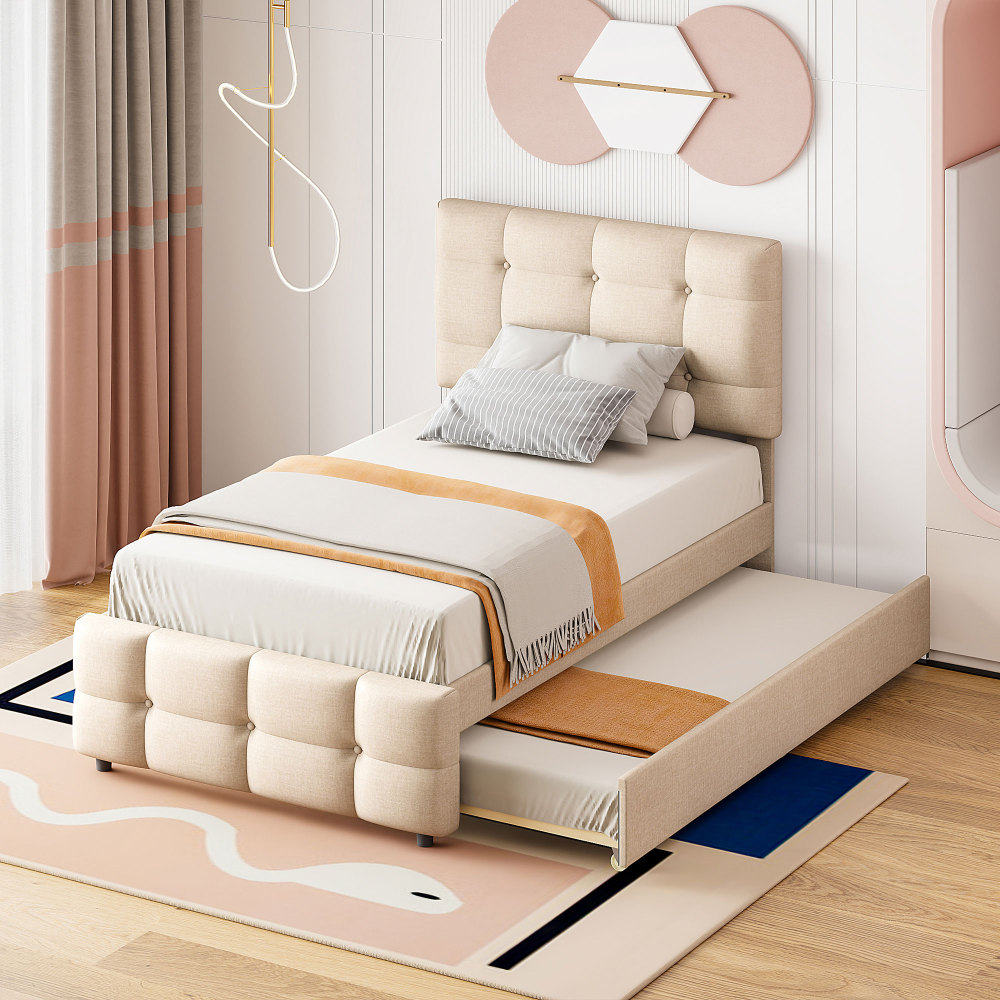 Cama tapizada 90x200 cm con cama extraíble lino – color beige